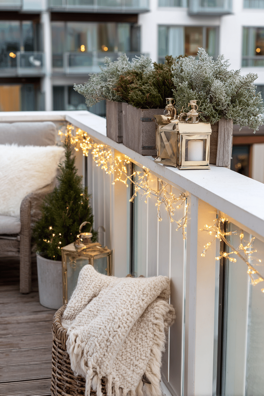 Terrasse mit Lichterkette am Geländer, Laternen und Winterpflanzen dekoriert
