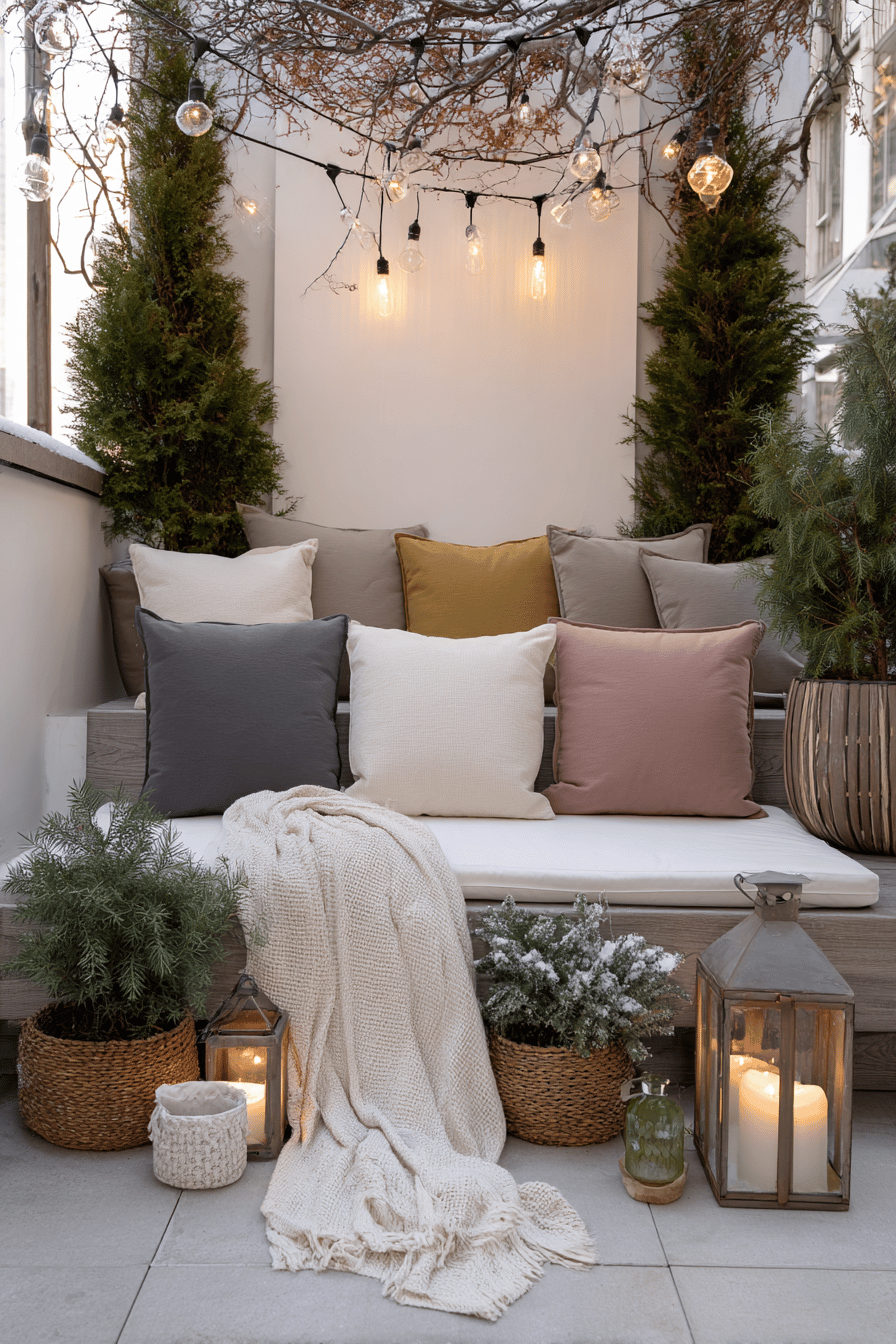 Terrasse mit winterlichen Kissen, Decke, Pflanzen und Lichterketten