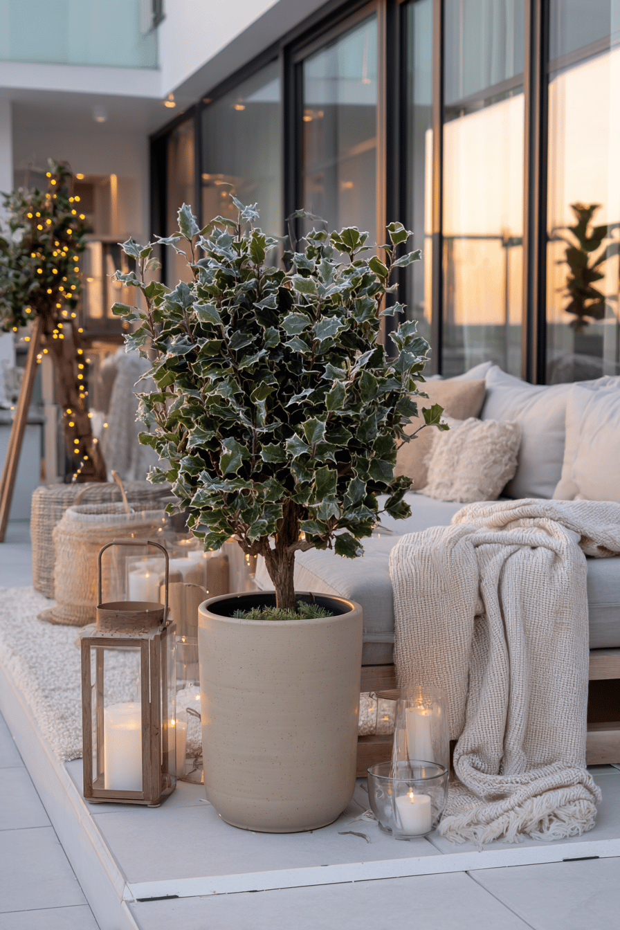 Stechpalme im Topf auf einer winterlich dekorierten Terrasse