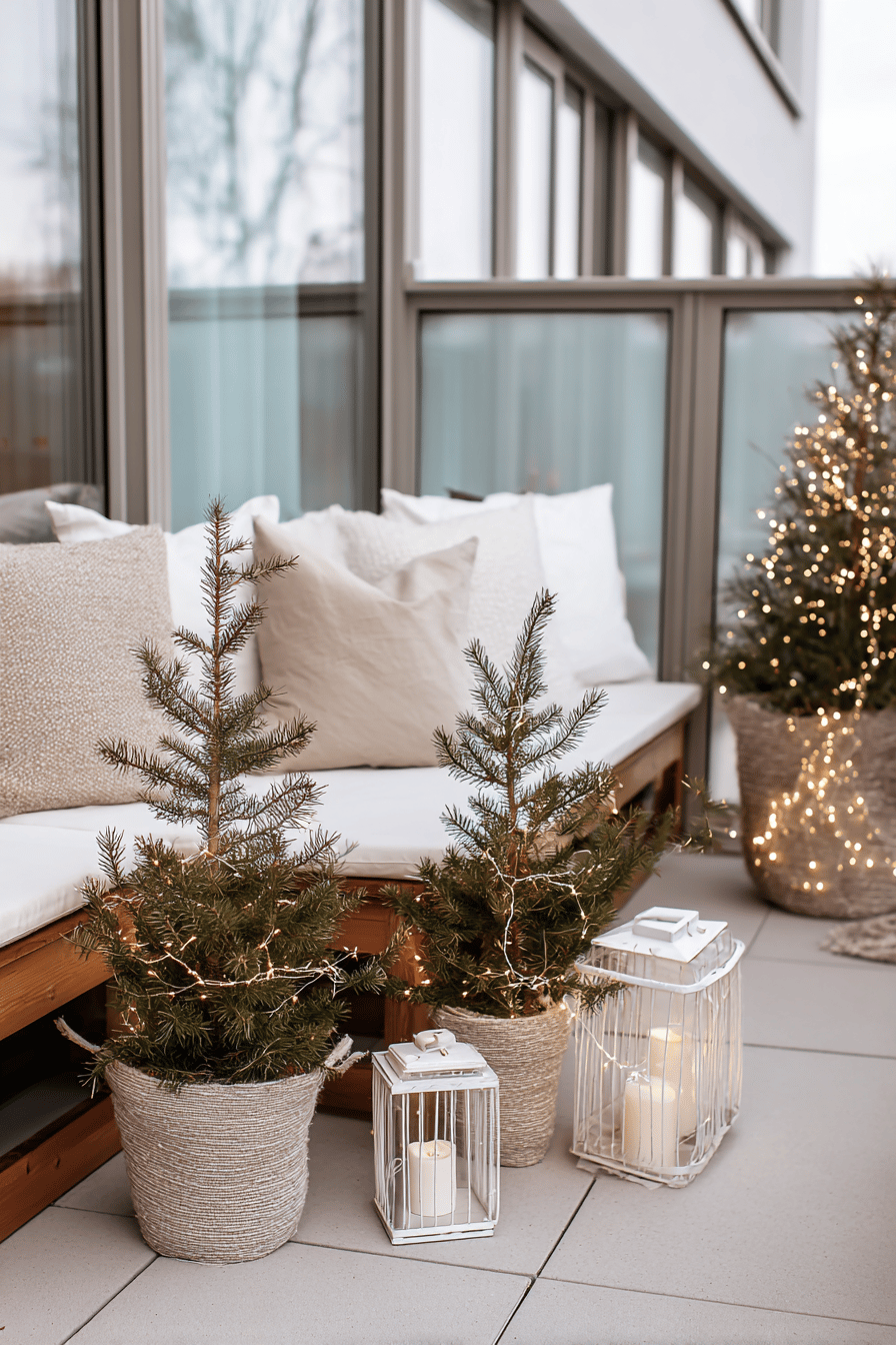 Zwei Tannenbäumchen in Körben mit Lichterketten und Laternen auf einer Terrasse