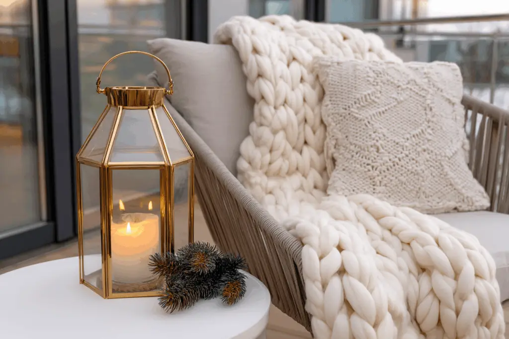 Winterliche Terrasse mit Kerze in Laterne, Strickkissen und Decke