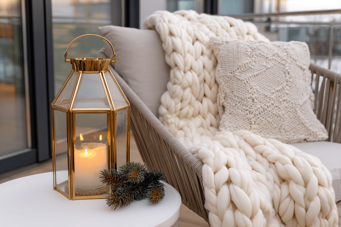 Winterliche Terrasse mit Kerze in Laterne, Strickkissen und Decke