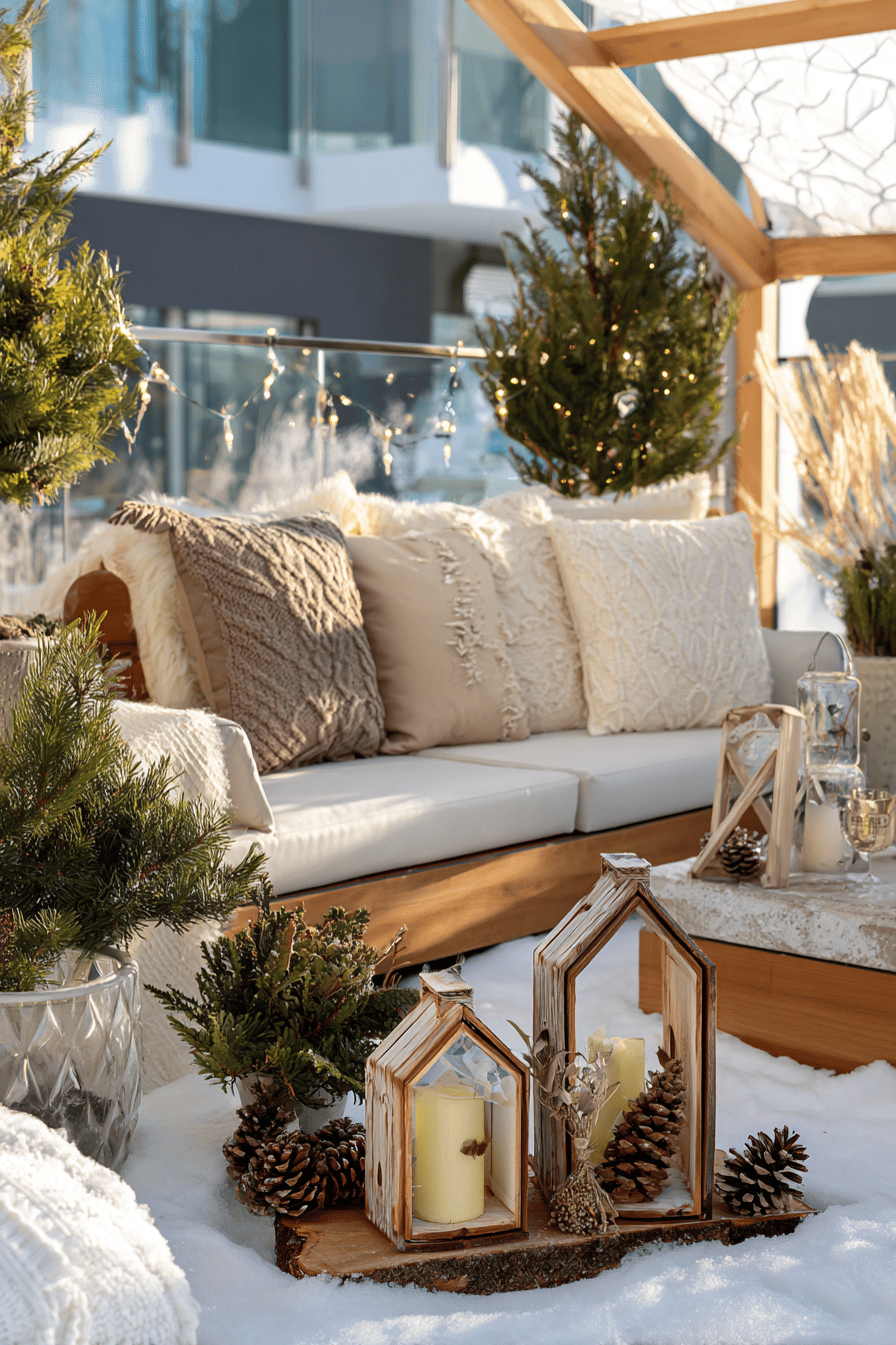 Gemütlich dekorierte Terrasse mit Vogelhäusern, Kissen, Kerzen und Wintergrün im Schnee