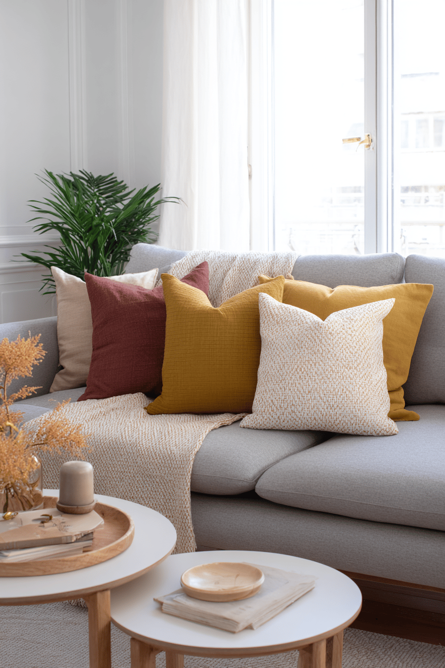 Graues Sofa mit dekorativen Kissen in Gelb, Ocker und Beige, vor großen Fenstern mit Tageslicht