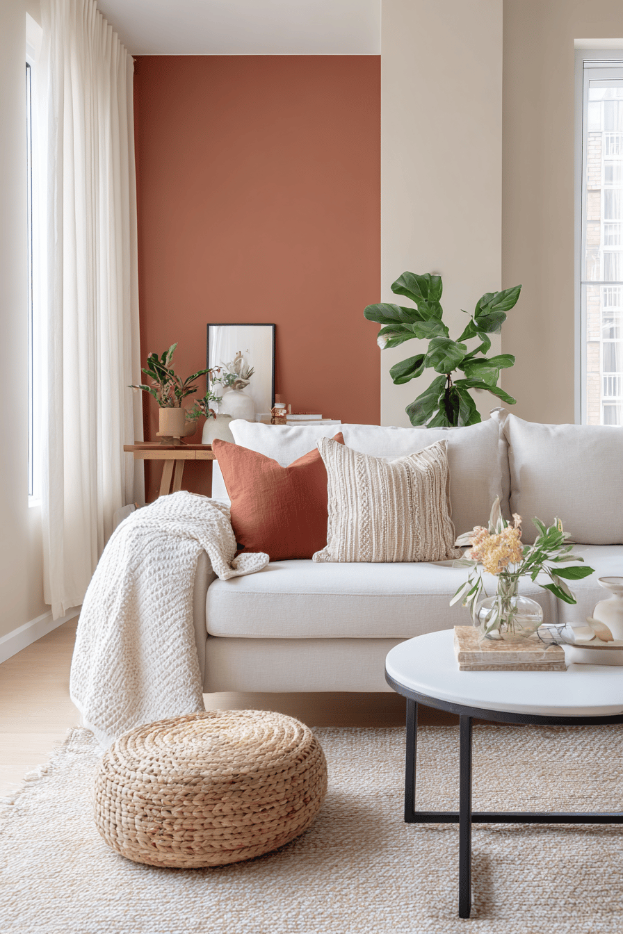 Wohnzimmer mit terrakottafarbener Akzentwand, heller Couch und Naturtextilien