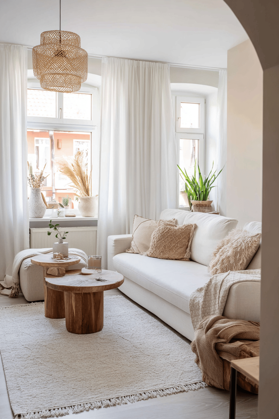 Helles Wohnzimmer mit beigen Wänden, Naturmaterialien und gemütlicher Einrichtung