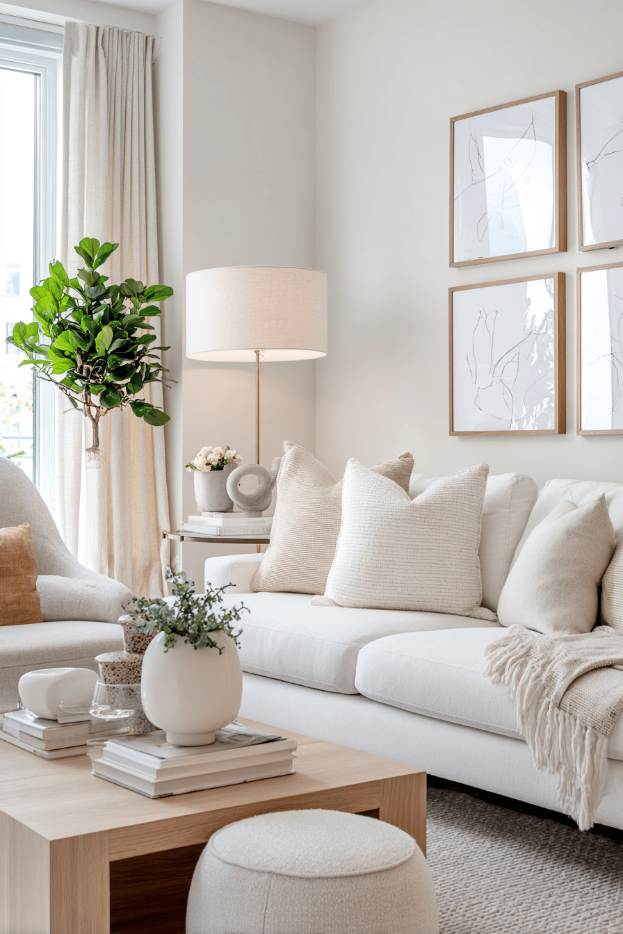 Helles Wohnzimmer mit weißen Sofas, abstrakter Wandkunst und Naturmaterialien