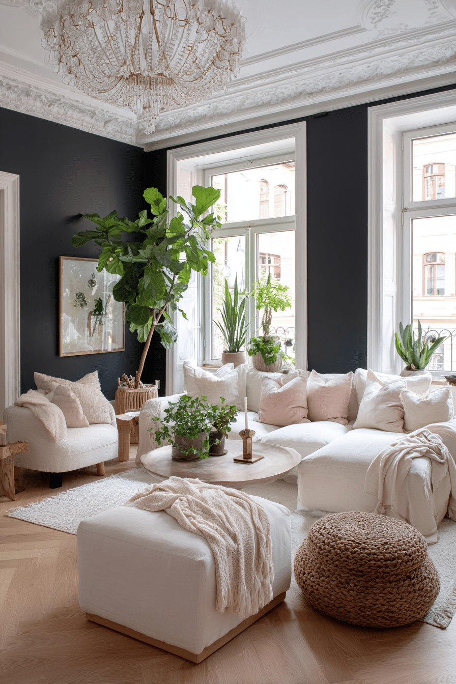 Helles Wohnzimmer mit weißen Möbeln und dunkel gestrichener Wand