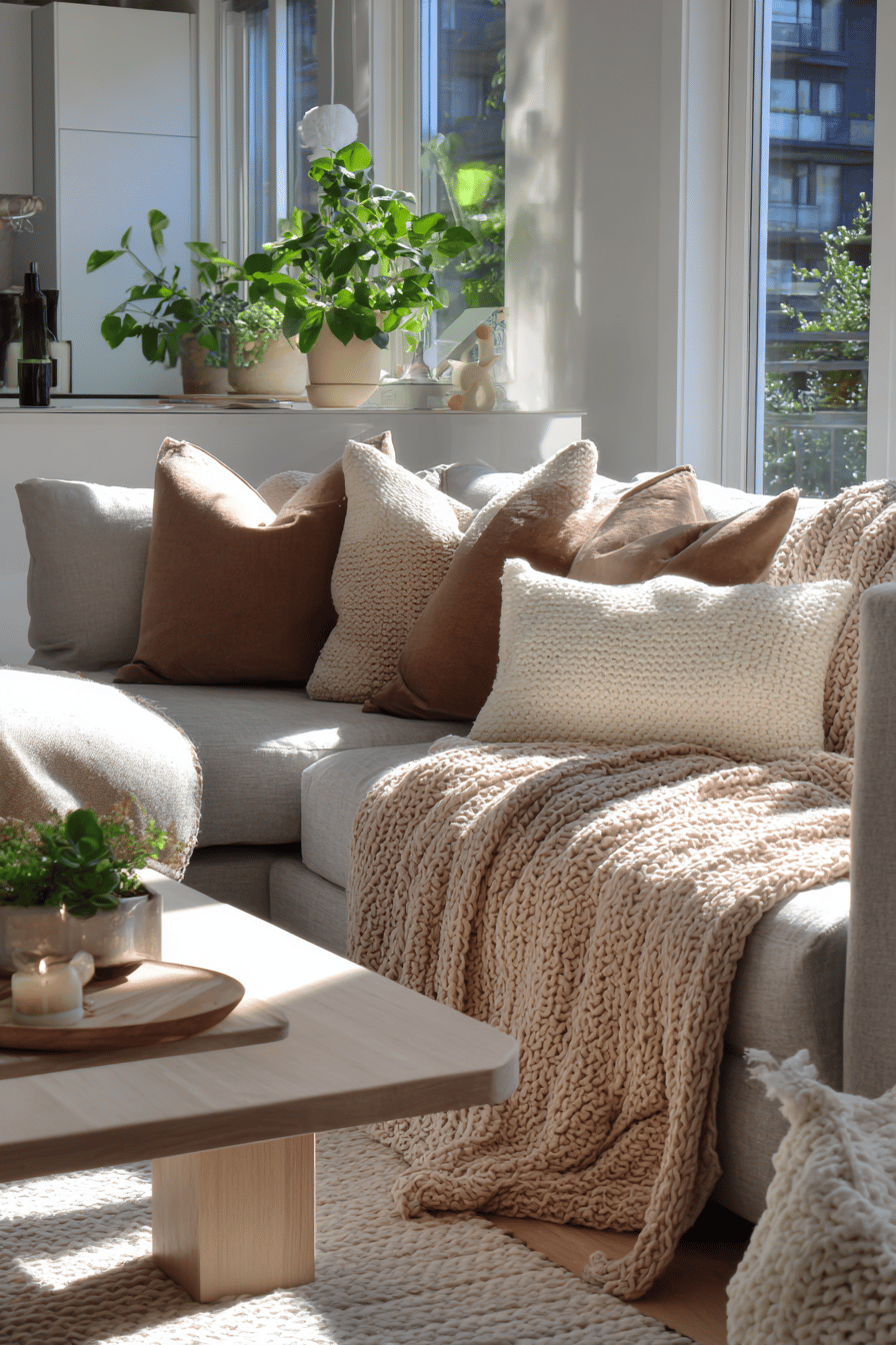 Graues Sofa mit beigen Kissen, dicker Strickdecke und Pflanzen im Sonnenlicht