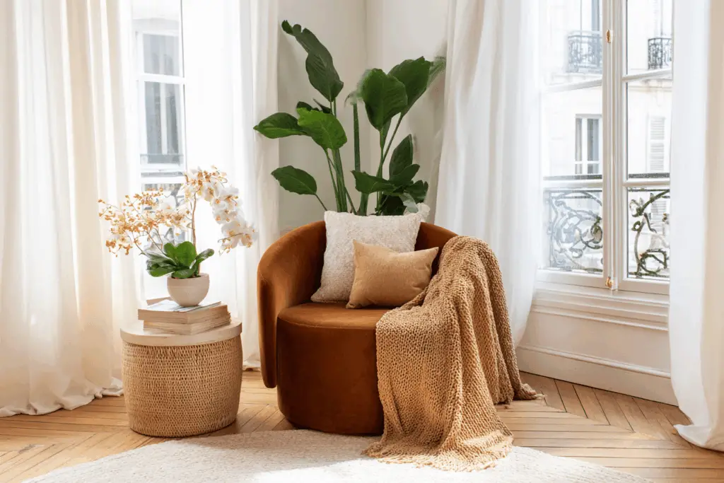 Gemütliche Sitzecke mit braunem Sessel, Decke, Zimmerpflanzen und natürlichem Lichteinfall