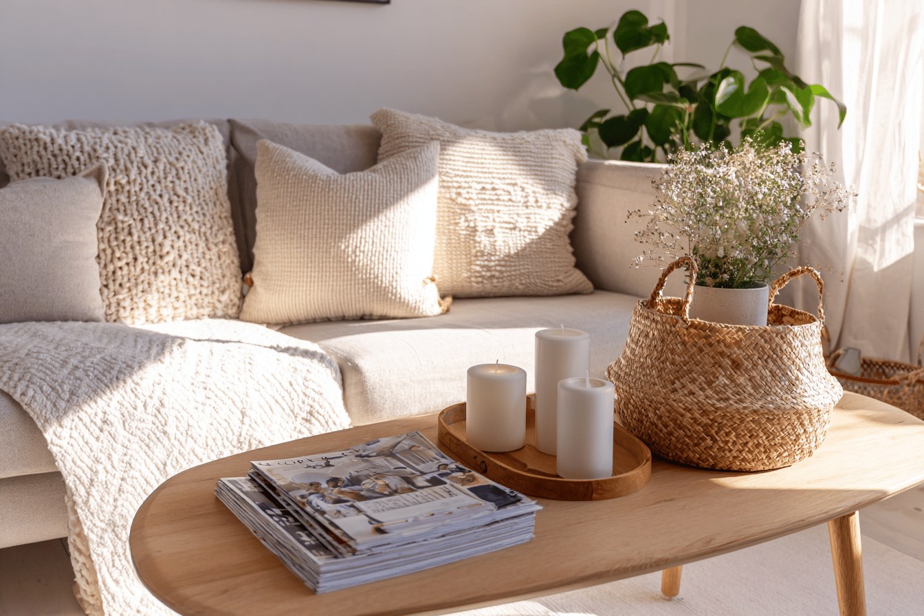 Kuscheliges Sofa mit Kissen, Holztisch, Kerzen und Korb im skandinavischen Wohnzimmer