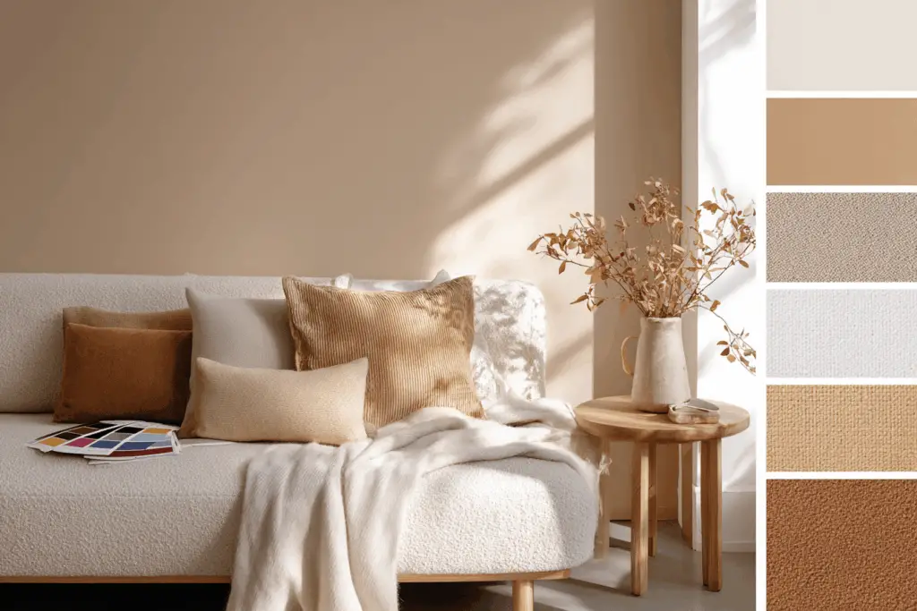 Helles Wohnzimmer mit beiger Wandfarbe, Sofakissen und Naturdekoration