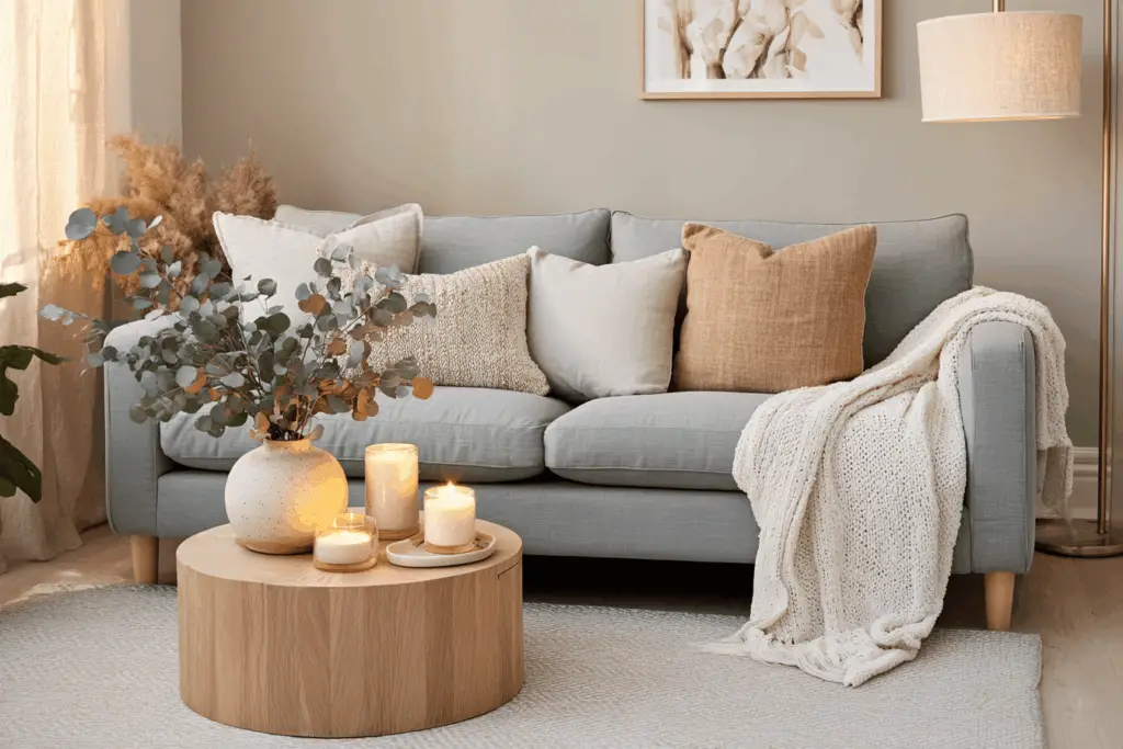 graues Sofa mit Kissen, Decke und Couchtisch mit Kerzen