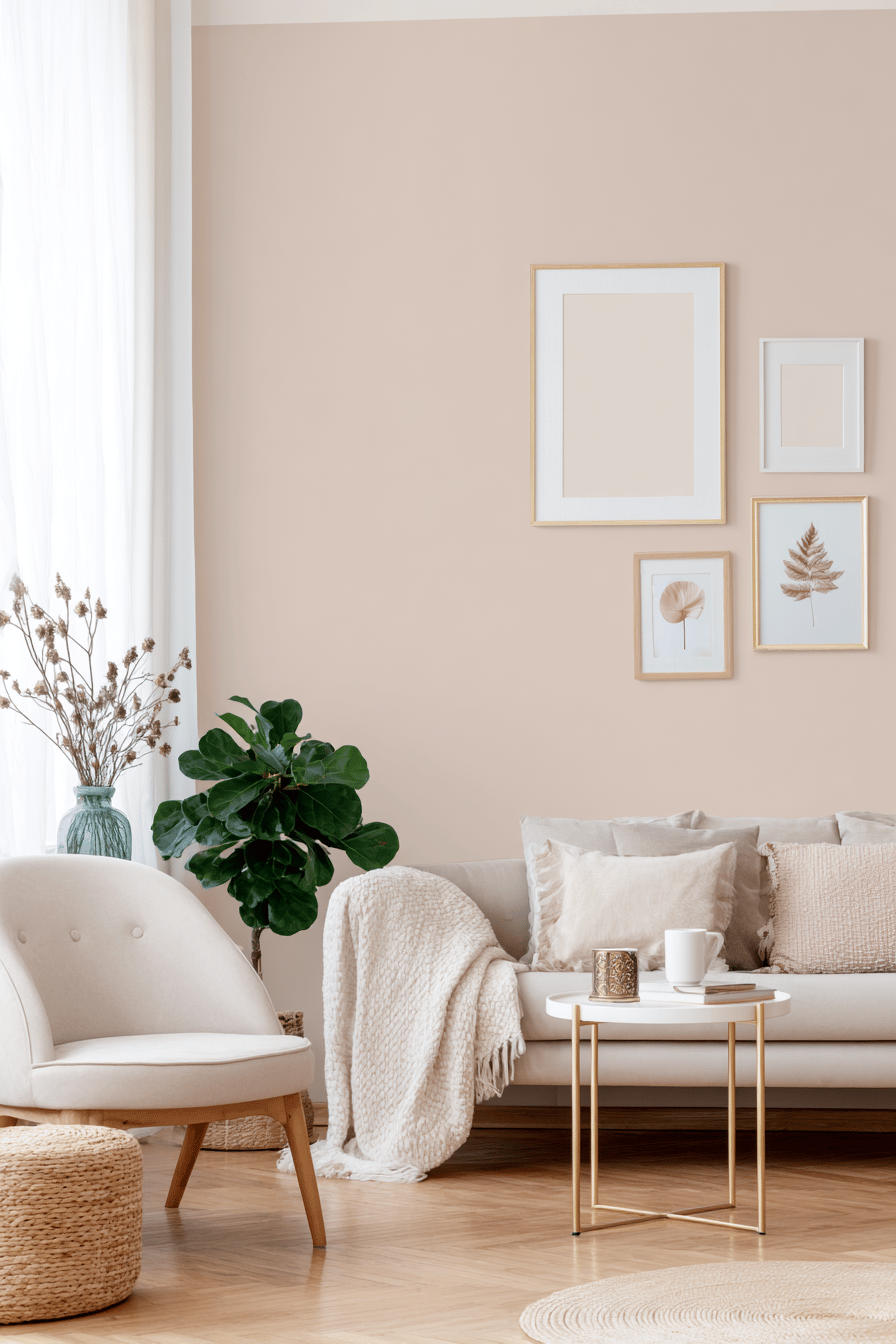 Helles Wohnzimmer mit pastellfarbener Wand und beiger Dekoration