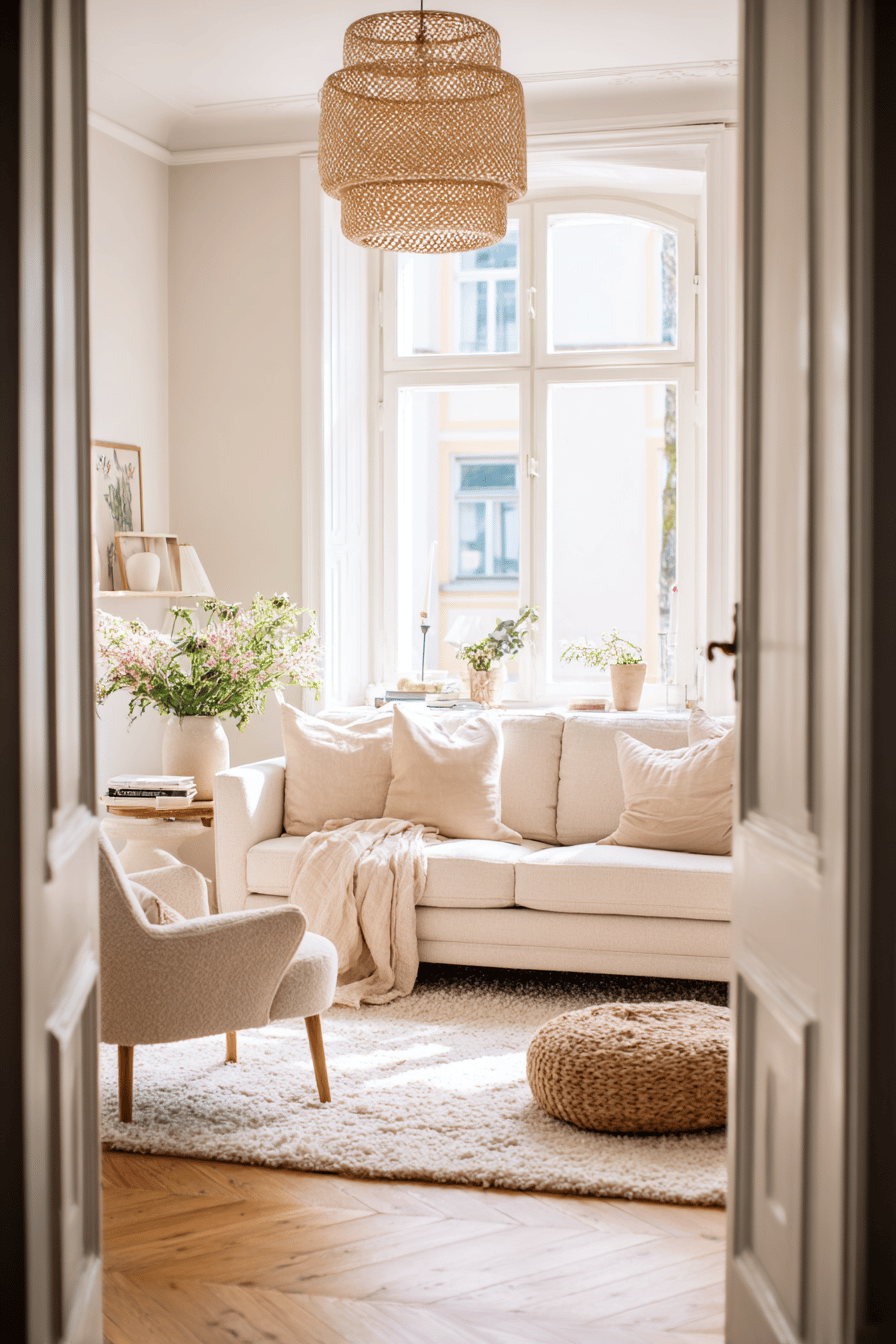 Helles skandinavisches Wohnzimmer mit beiger Couch, Naturdeko und weichen Textilien