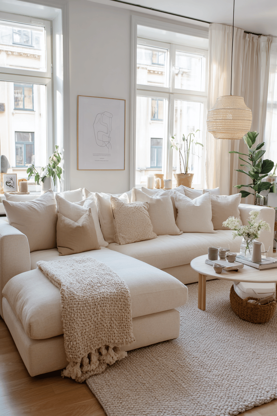 Skandinavisches Wohnzimmer mit hellem cremefarbenem Ecksofa, Rundtisch und Naturdeko