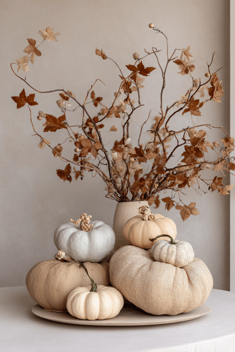 Stapel aus beigen und cremefarbenen Zierkürbissen vor herbstlichem Zweig-Arrangement