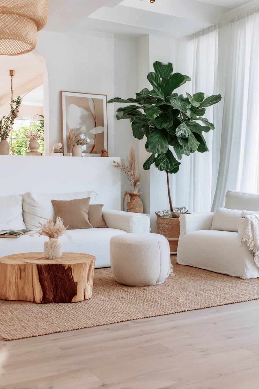 Helles skandinavisches Wohnzimmer mit einem großen Ficus, Naturmaterialien und neutralen Tönen
