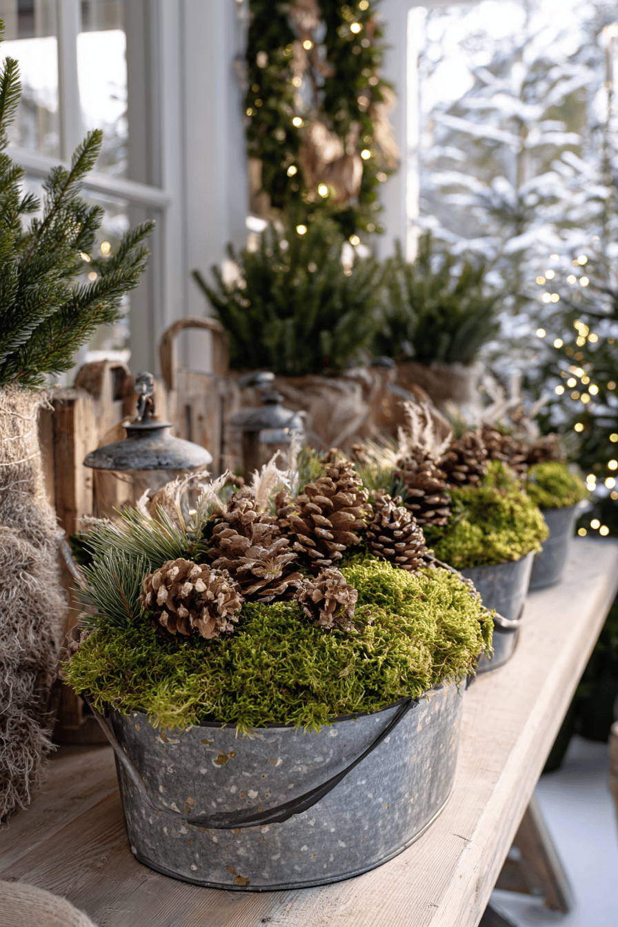 Zinkwannen mit Moos, Kiefernzweigen und Tannenzapfen als Winterdeko auf dem Terrassentisch