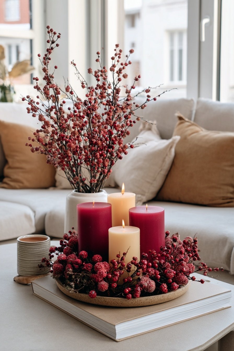 Adventskranz mit roten und cremefarbenen Kerzen, dekoriert mit roten Beeren auf einem Couchtisch