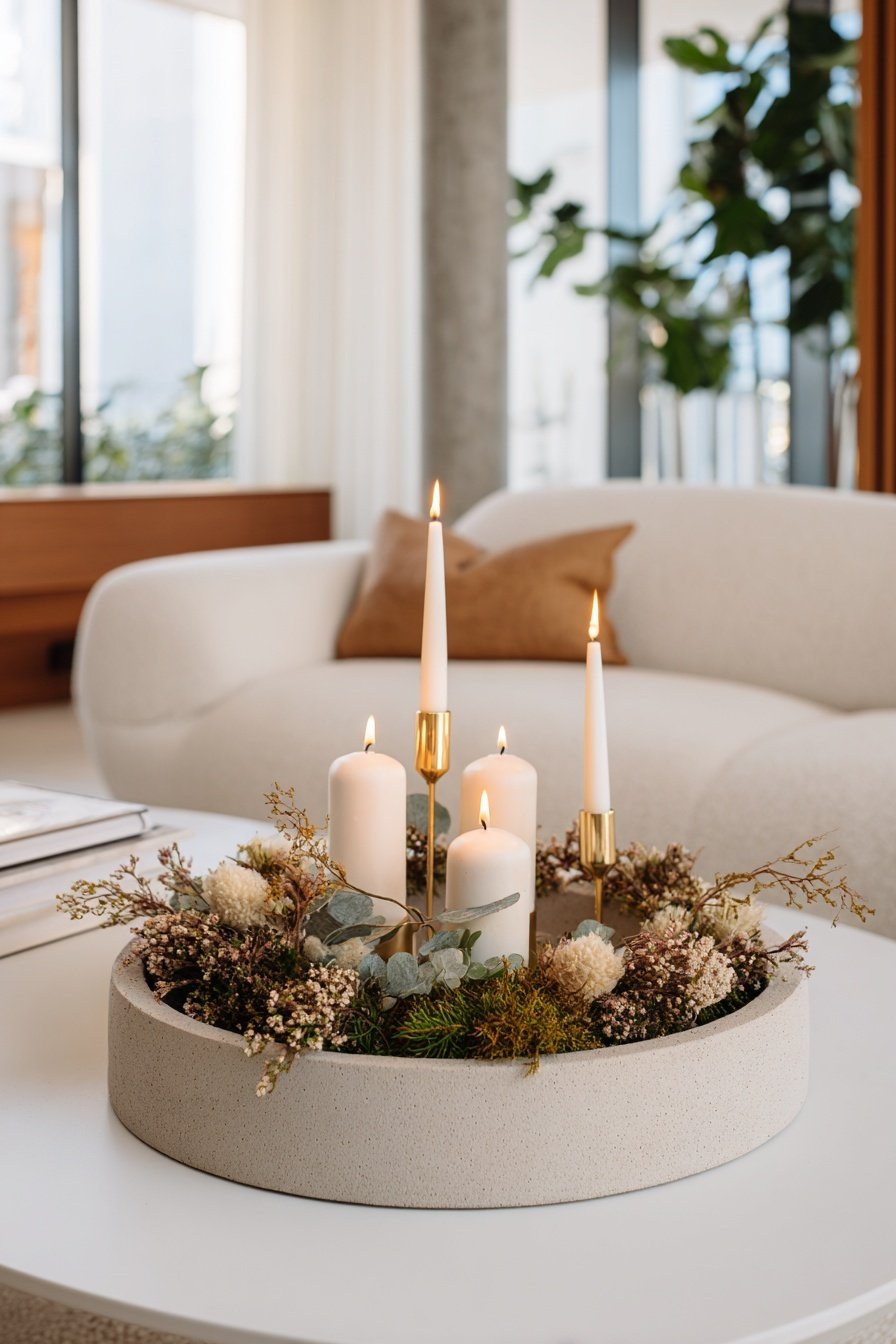 Moderner Adventskranz mit weißen Kerzen in Beton-Schale auf Couchtisch