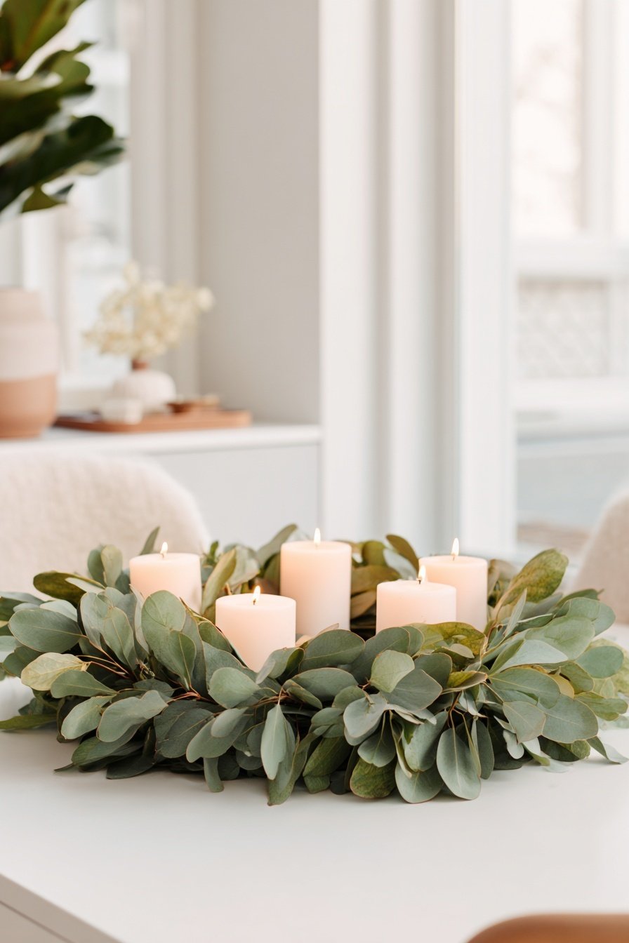 Moderner Adventskranz aus Eukalyptus mit vier weißen Stumpenkerzen auf einem Tisch