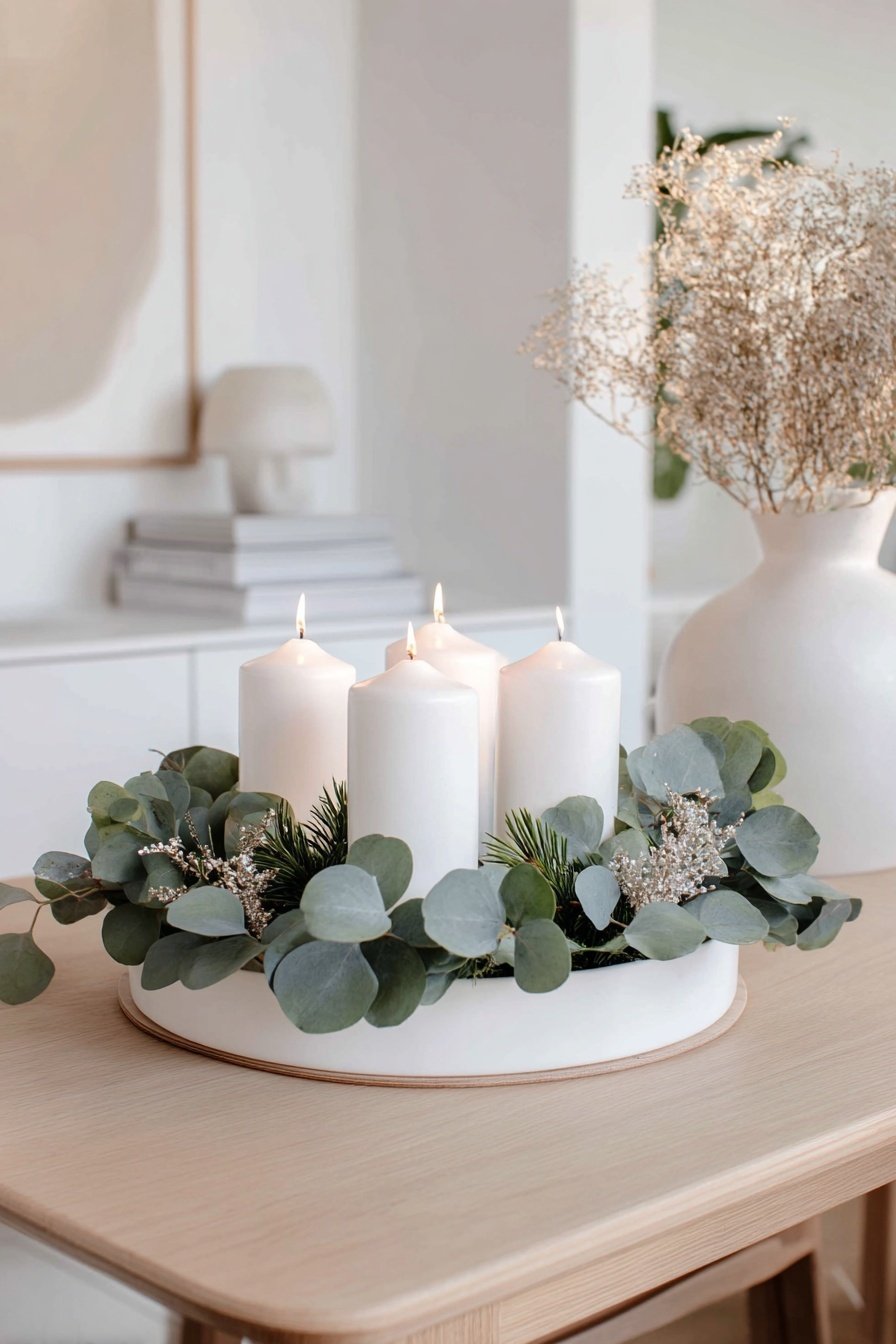 Moderner Adventskranz mit weißen Kerzen, Eukalyptus und minimalistischer Dekoration