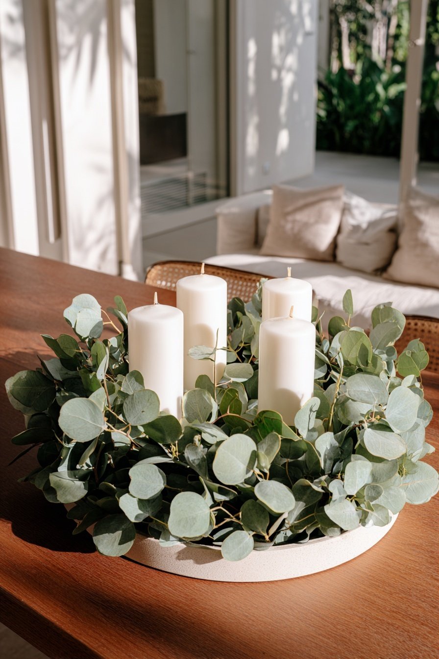 Moderner Adventskranz mit weißen Kerzen und Eukalyptus auf Holztisch