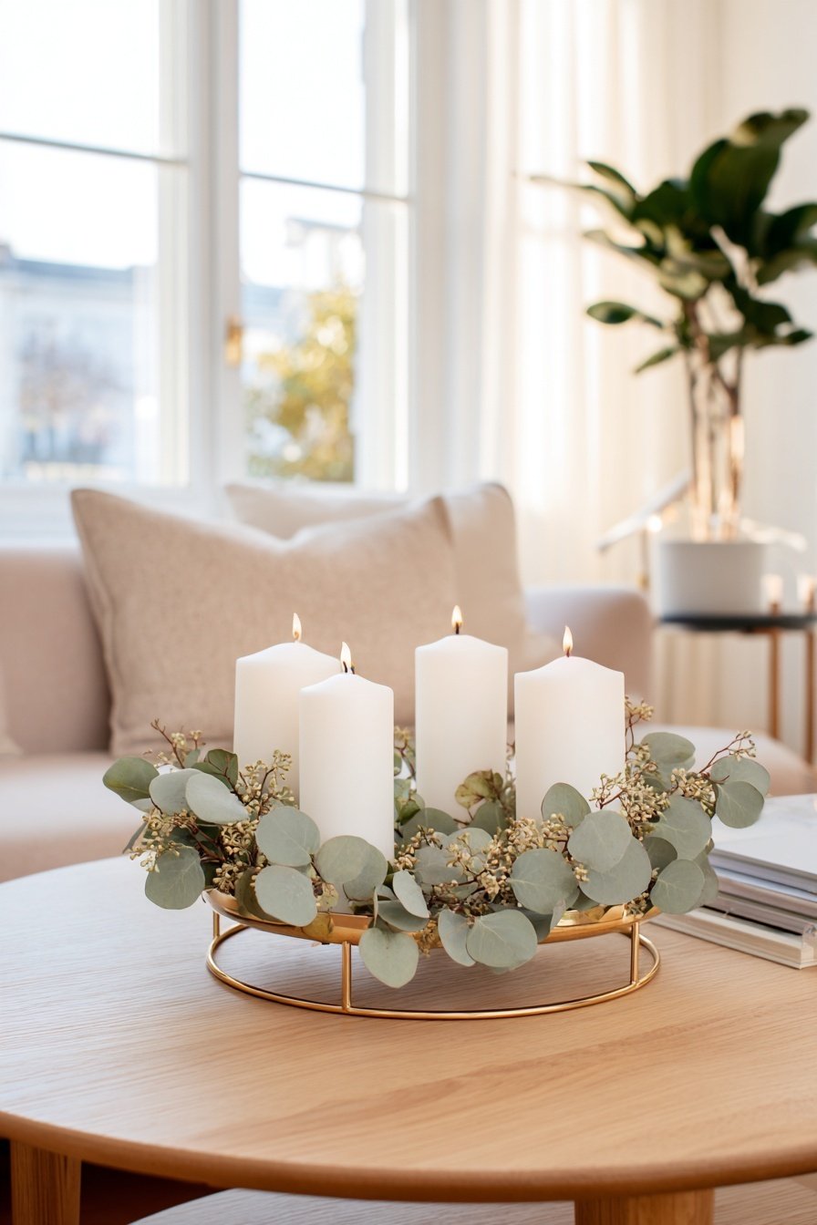 Moderner Adventskranz mit weißen Stumpenkerzen und Eukalyptus