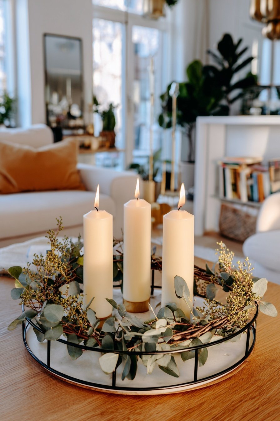 Adventskranz mit weißen Kerzen und Eukalyptus auf einem Holztisch im modernen Wohnzimmer
