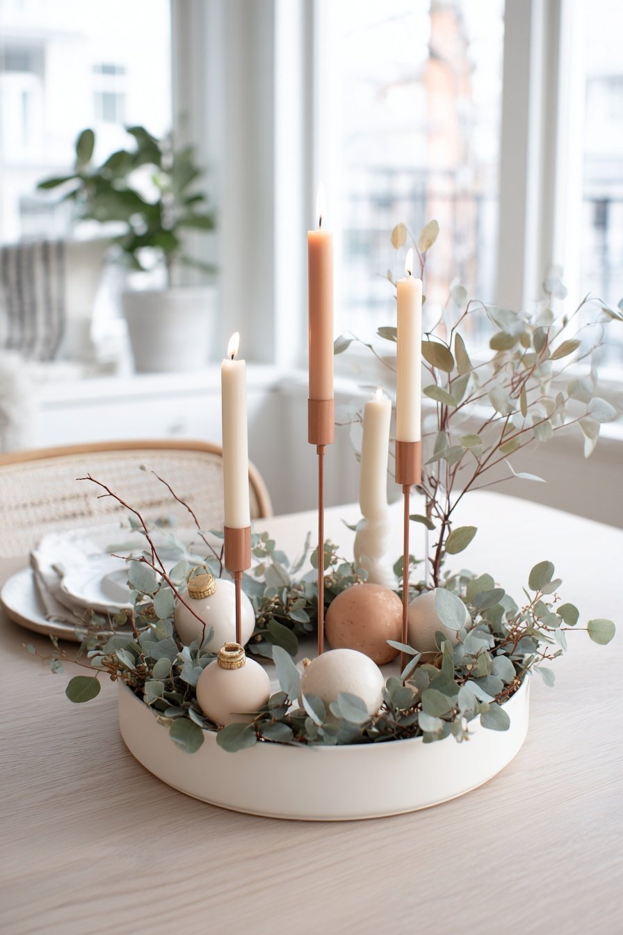 Moderner Adventskranz mit Eukalyptus, Kugeln und schlichten Kerzen in heller Schale