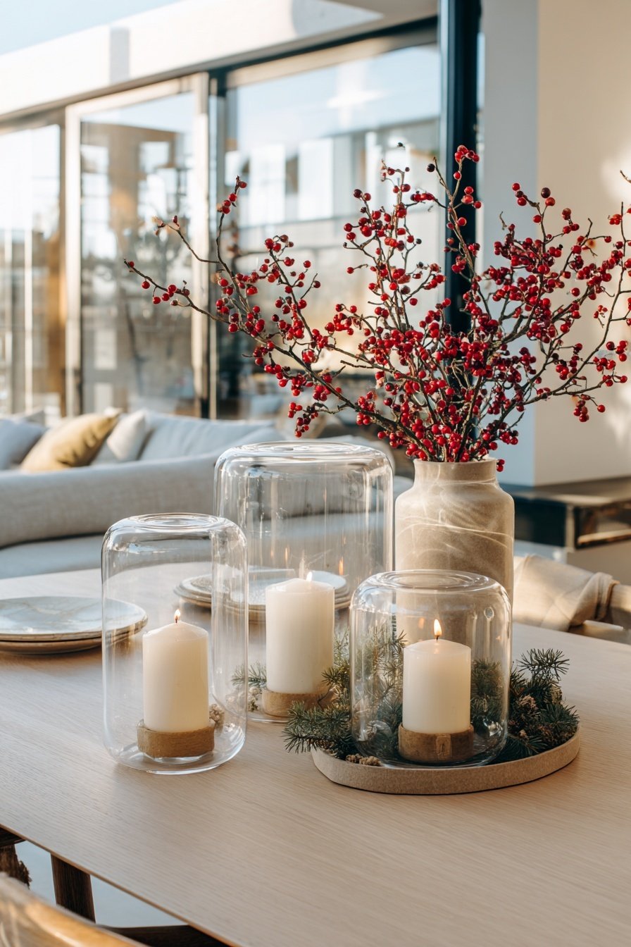 Moderner Adventskranz mit Glasglocken, Kerzen und Tannengrün auf hellem Holztisch