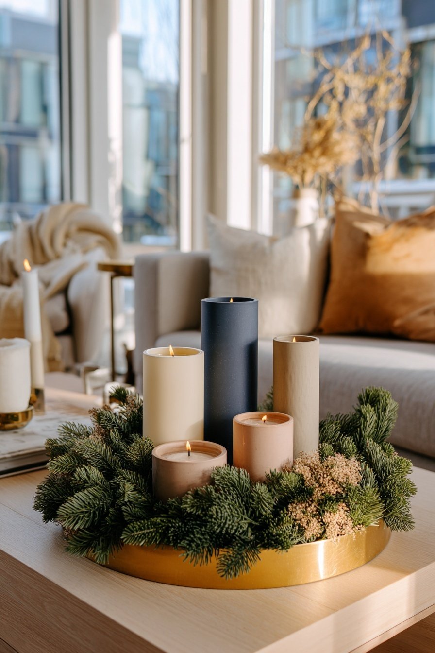 Adventskranz mit schlichten Stumpenkerzen und Tannengrün auf goldenem Tablett