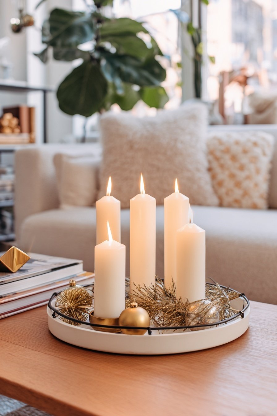 Moderner Adventskranz mit weißen Kerzen und goldener Deko auf einem Tablett