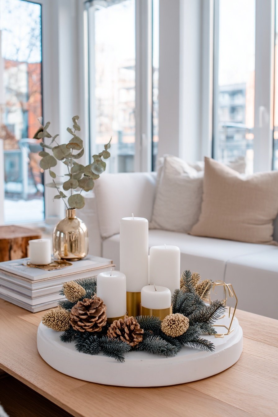 Moderner Adventskranz mit weißen Kerzen, Tannenzweigen, Zapfen und goldenen Details auf einem Holztisch