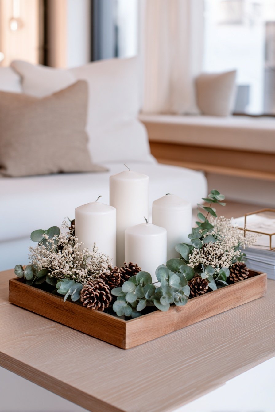 Moderner Adventskranz mit weißen Kerzen, Eukalyptus und Zapfen in einem Holztablett