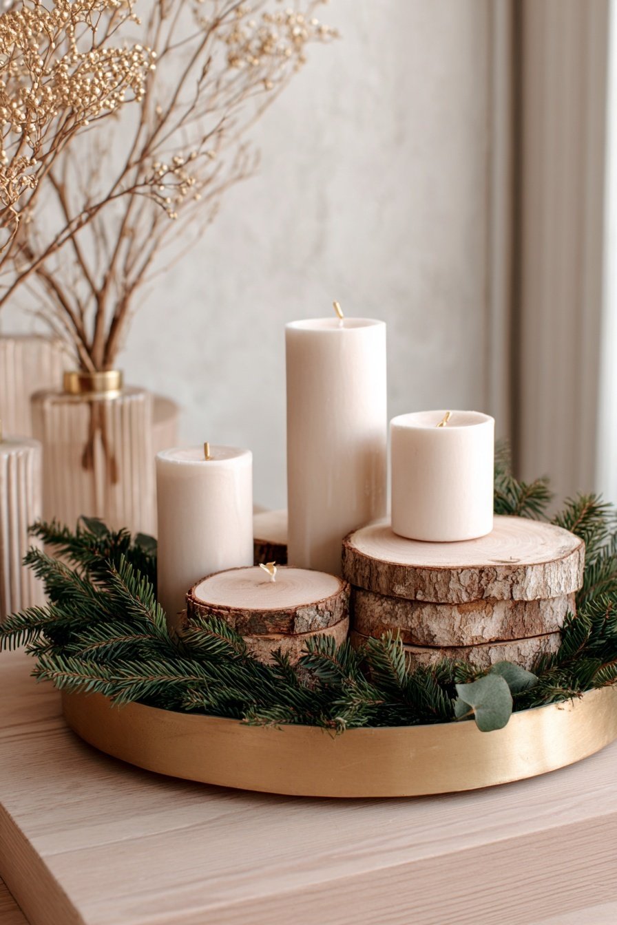 Moderner Adventskranz mit weißen Kerzen auf Holzscheiben und Tannenzweigen in goldener Schale