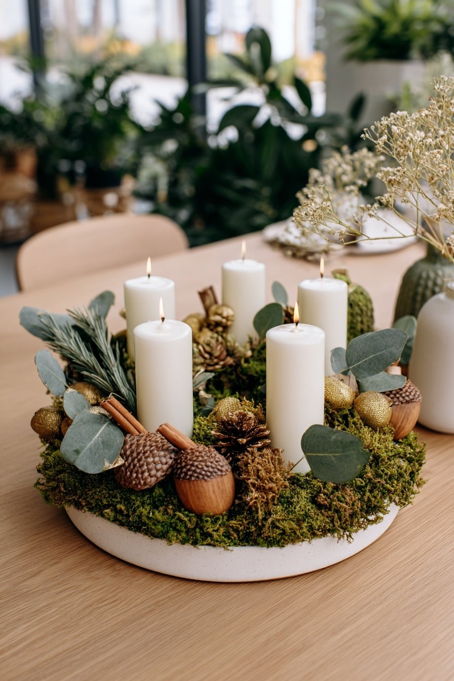Moderner Adventskranz mit weißen Kerzen, Moos und Naturdeko auf Holztisch