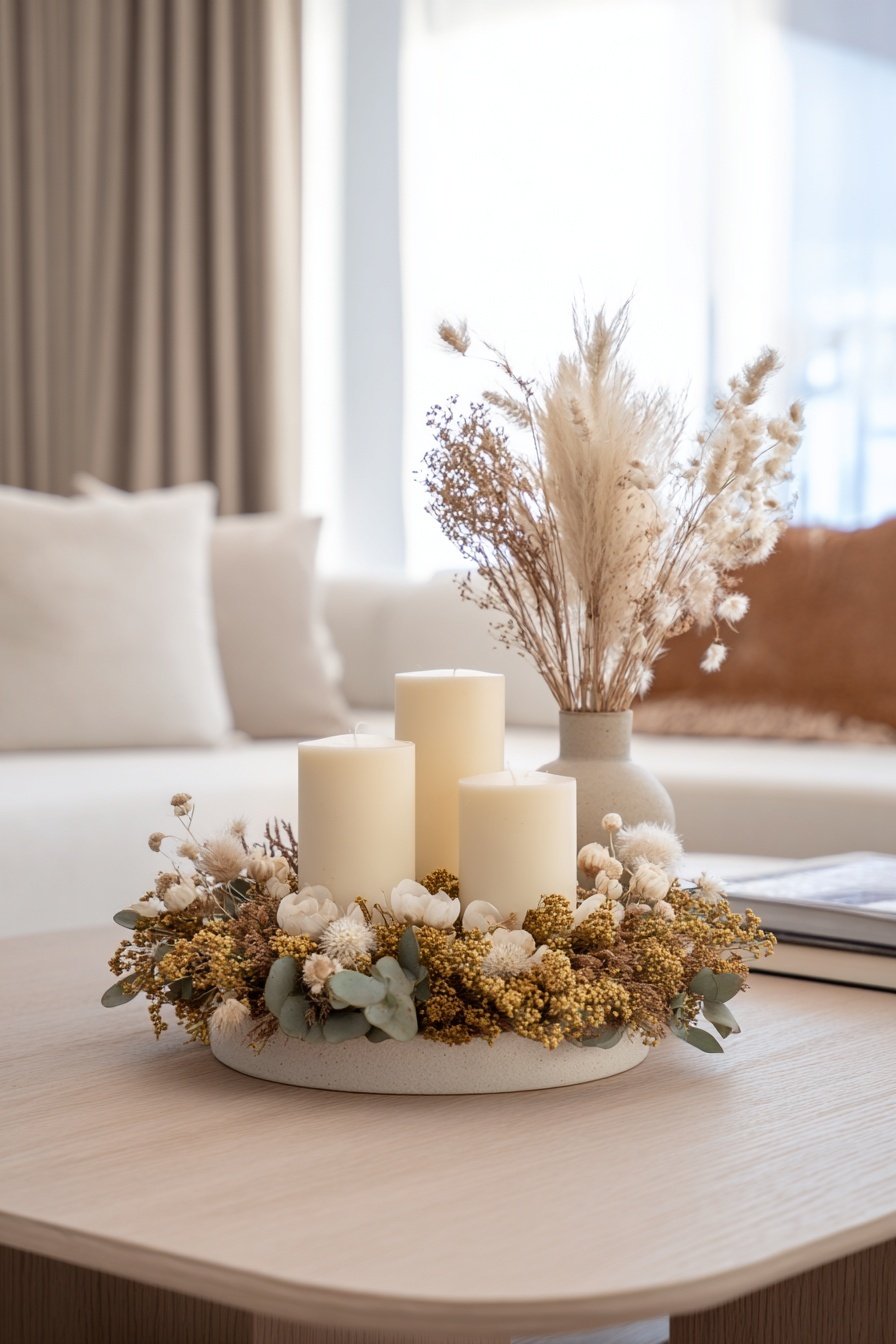 Moderner Adventskranz mit Trockenblumen und cremefarbenen Stumpenkerzen auf hellem Tisch