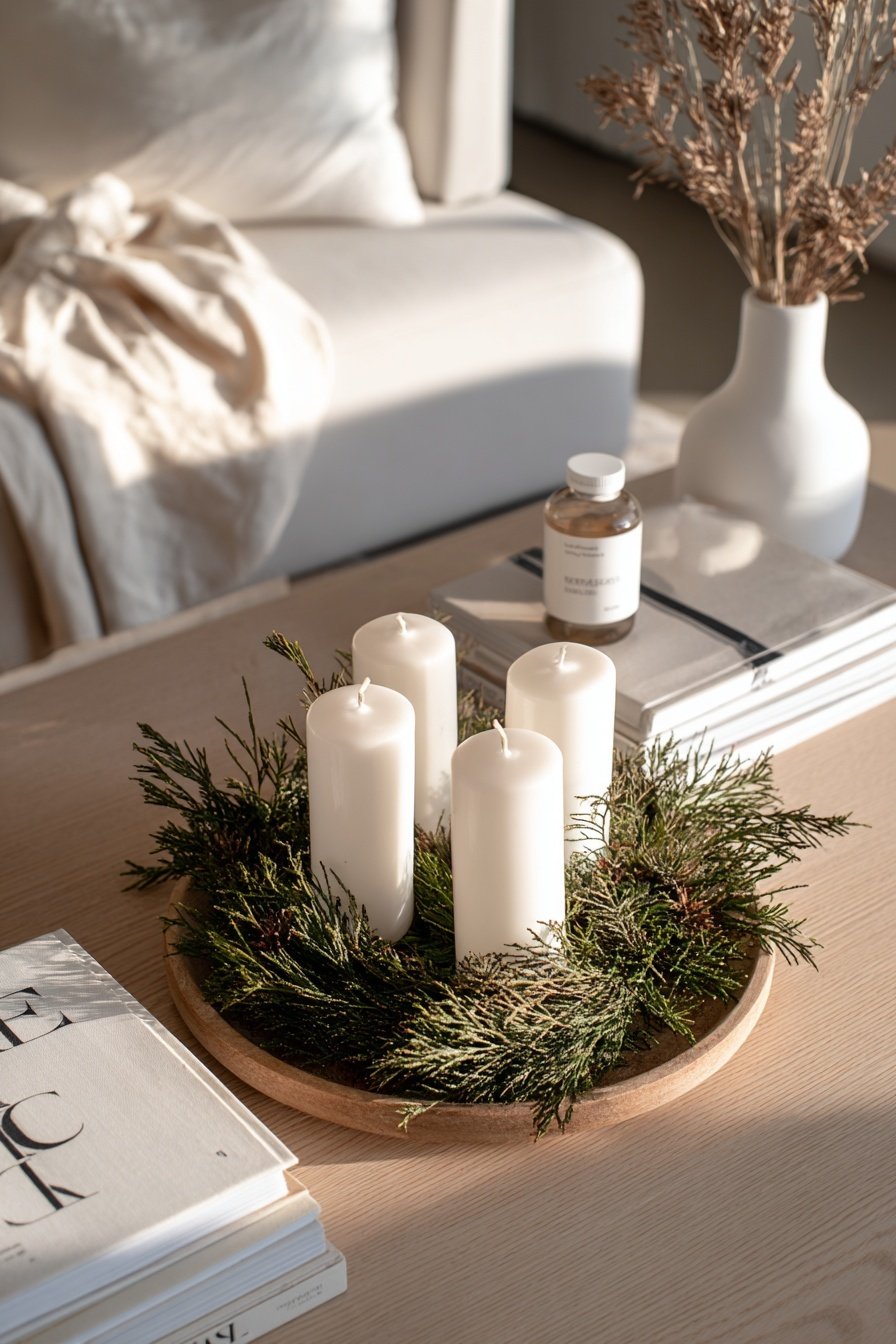 Moderner Adventskranz mit schlichten weißen Kerzen und natürlichen Zweigen auf einem Holzteller