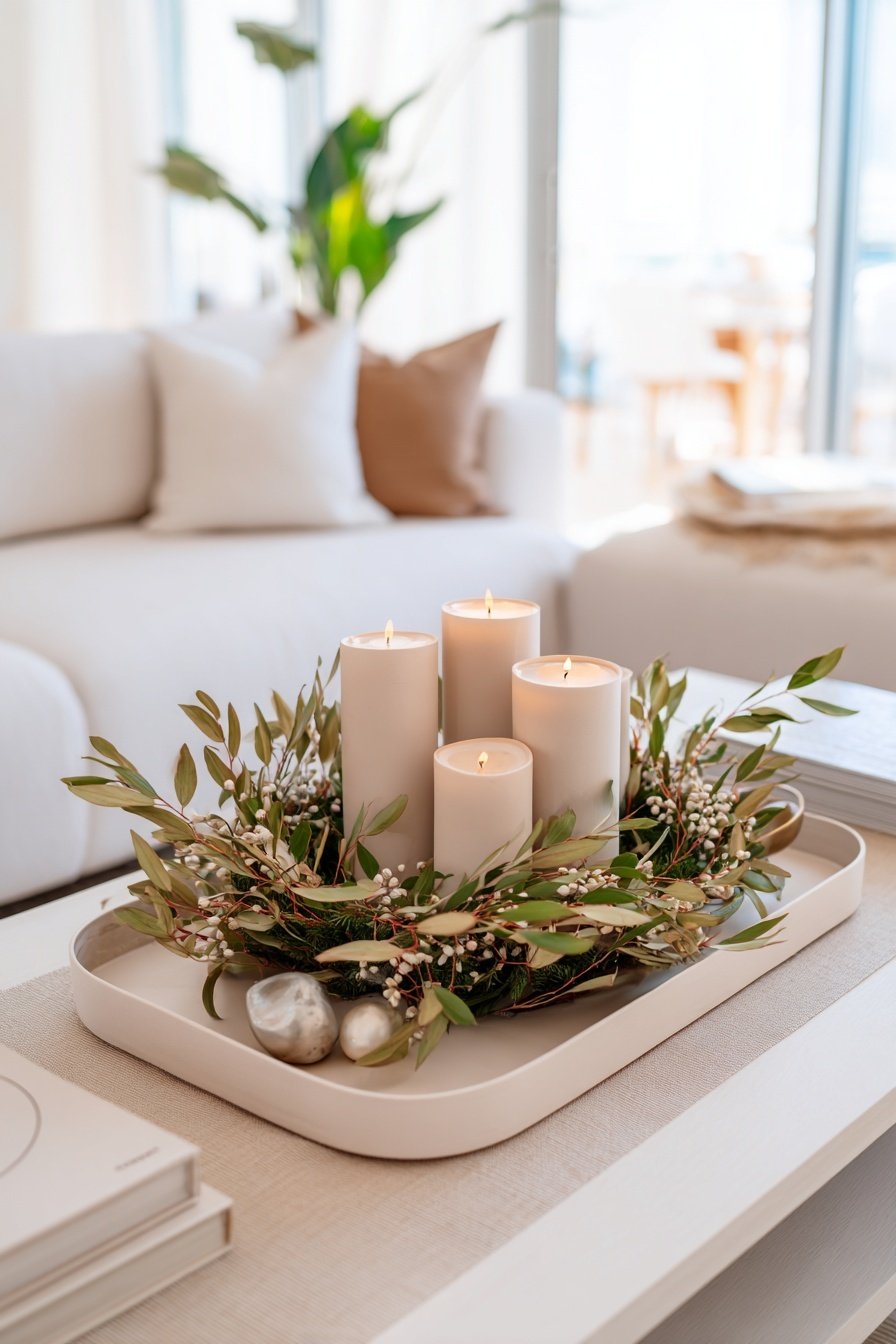 Moderner Adventskranz mit weißen Kerzen und zartem Grün auf einem Tablett