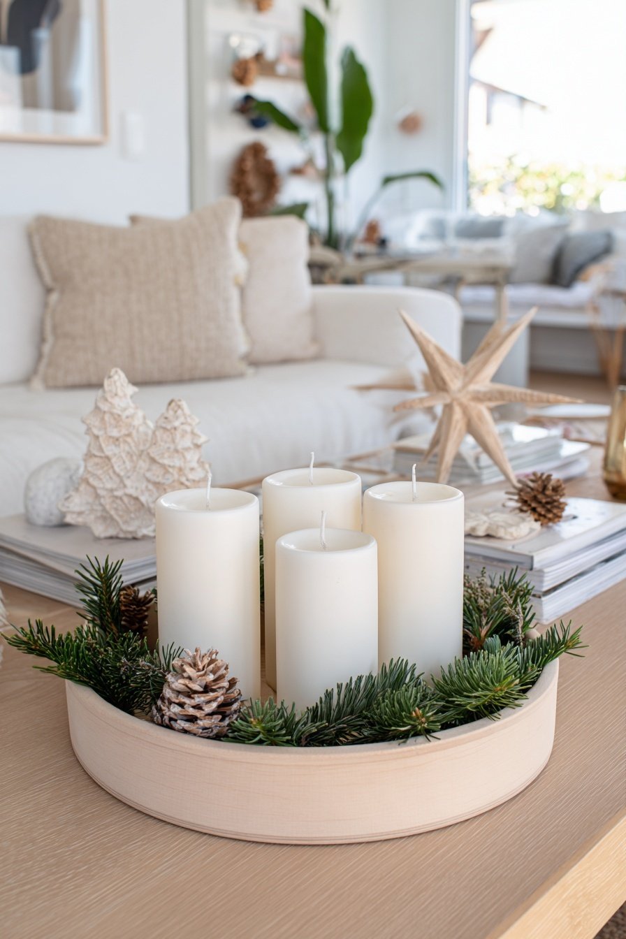Moderner Adventskranz mit vier weißen Kerzen, Tannenzweigen und Zapfen auf einem Holzteller in einem hellen Wohnzimmer