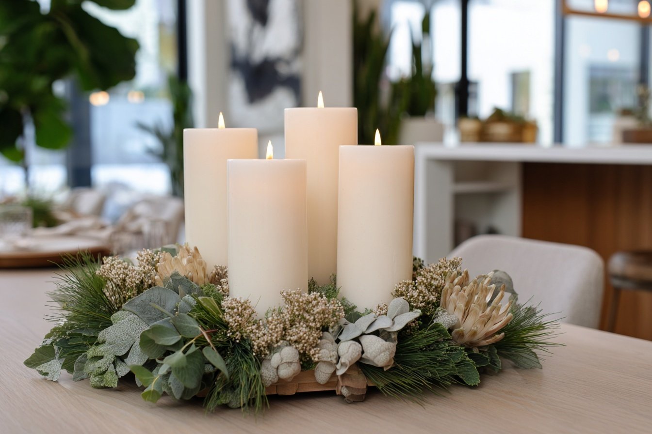 Moderner Adventskranz mit weißen Kerzen und Trockenblumen auf Holzuntergrund