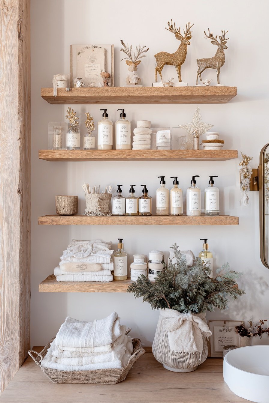 Holzregale mit winterlicher Dekoration, Pflegeprodukten und Handtüchern im Badezimmer