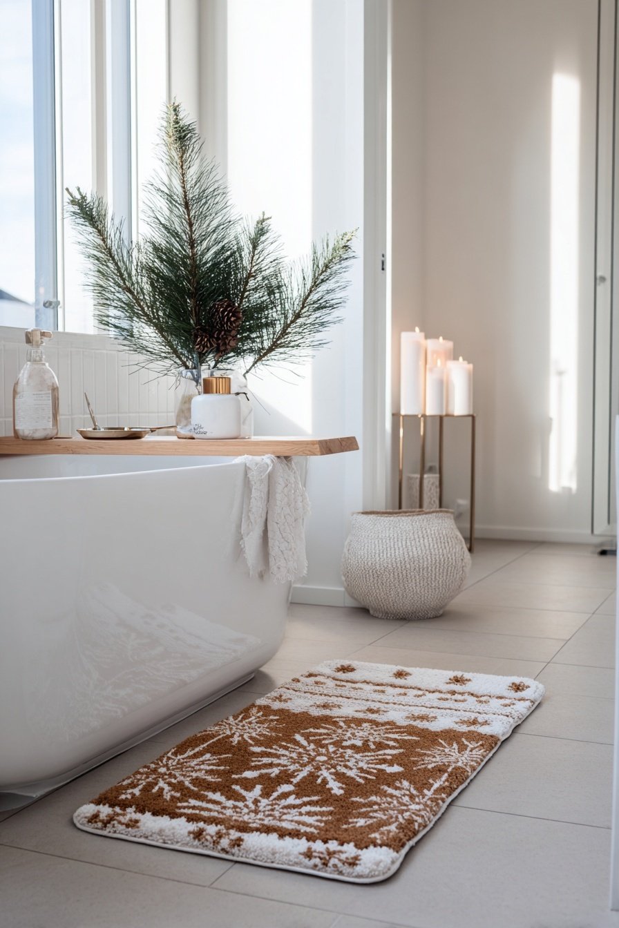 Weißes Badezimmer mit Badewanne, Tannenzweigen in einer Vase, Kerzen und winterlichem Teppich