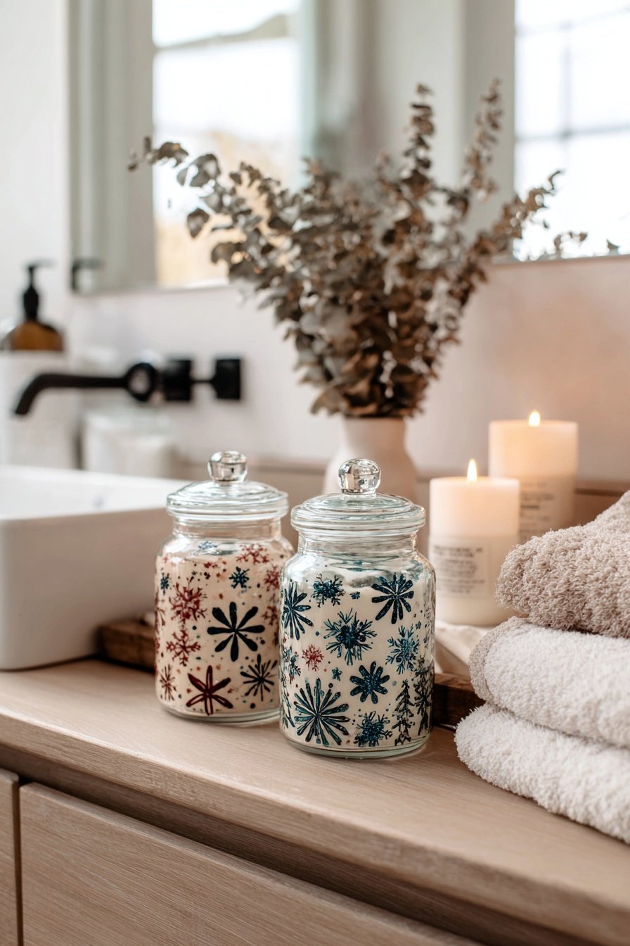 Winterlich dekoriertes Badezimmer mit Gläsern, Kerzen und Handtüchern