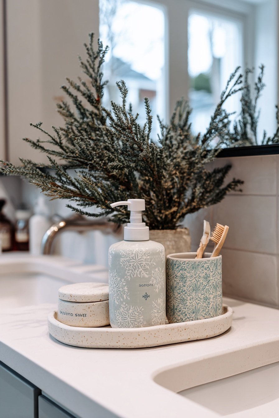 Winterliche Dekoration auf einem Badezimmerwaschtisch mit Seifenspender und Tannenzweigen
