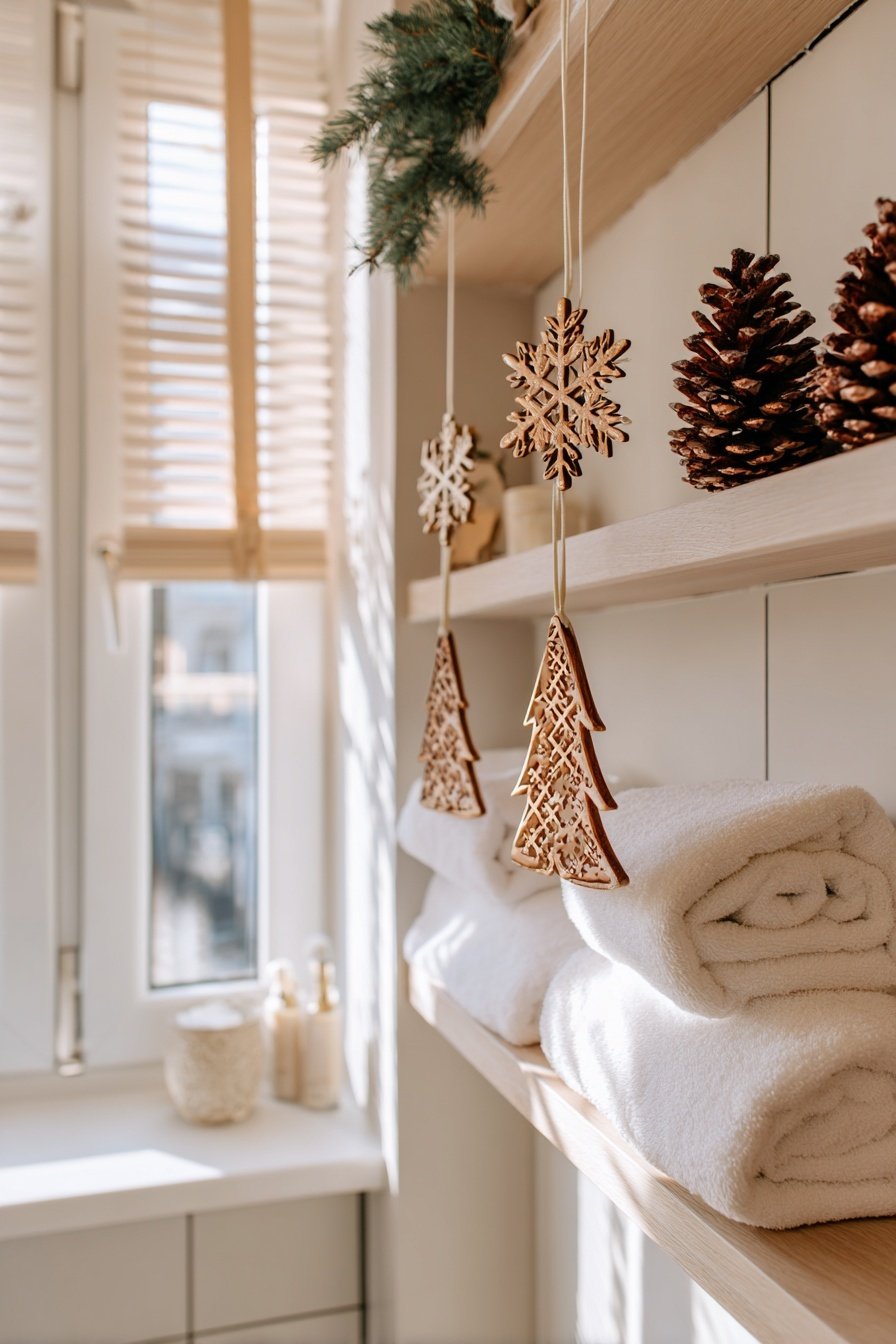 Regal mit winterlicher Dekoration aus Holzanhängern, Tannenzapfen und Handtüchern im Badezimmer