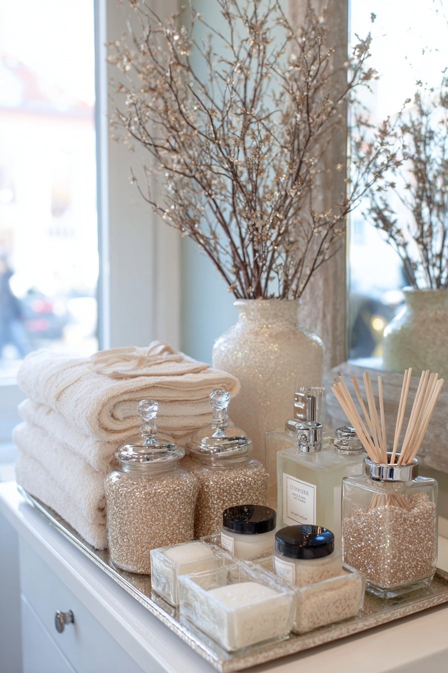 Dekoratives Badezimmer-Arrangement mit Handtüchern, Glasgefäßen, Duftstäbchen und winterlichen Zweigen in Perloptik