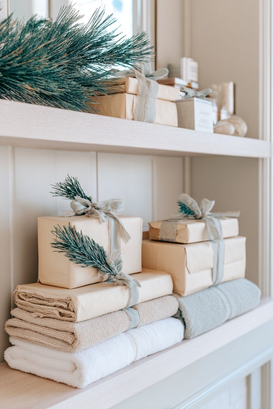Geschenkverpackungen mit Tannenzweigen und gefaltete Handtücher im Badezimmer